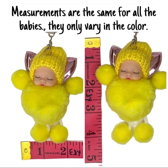 SLEEPY BABY WITH FAIRY WINGS SMALL POMPON IN YELLOW KEYCHAIN CHARM - Picture 5 of 6